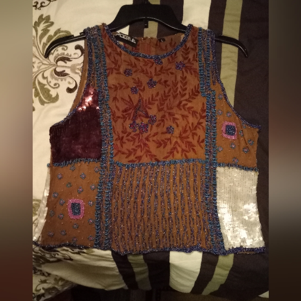Embellished Patchwork Crop Top in Brown